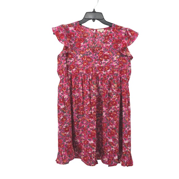 JODIFL Dresses & Skirts - Jodifl Pink Red Floral Flutter Sleeve Babydoll Mini Dress Womens Large Flowy